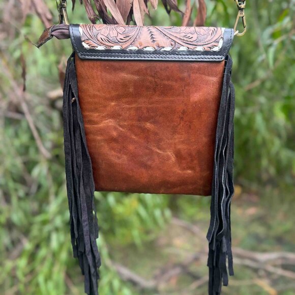 Genuine Hair On Cowhide Purse, Hand Tooled Leather Bag, Western Leather Shoulder - Picture 5 of 7